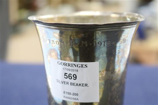 A late 17th/early 18th century French? silver beaker with later engraved inscription, 5.5 oz.